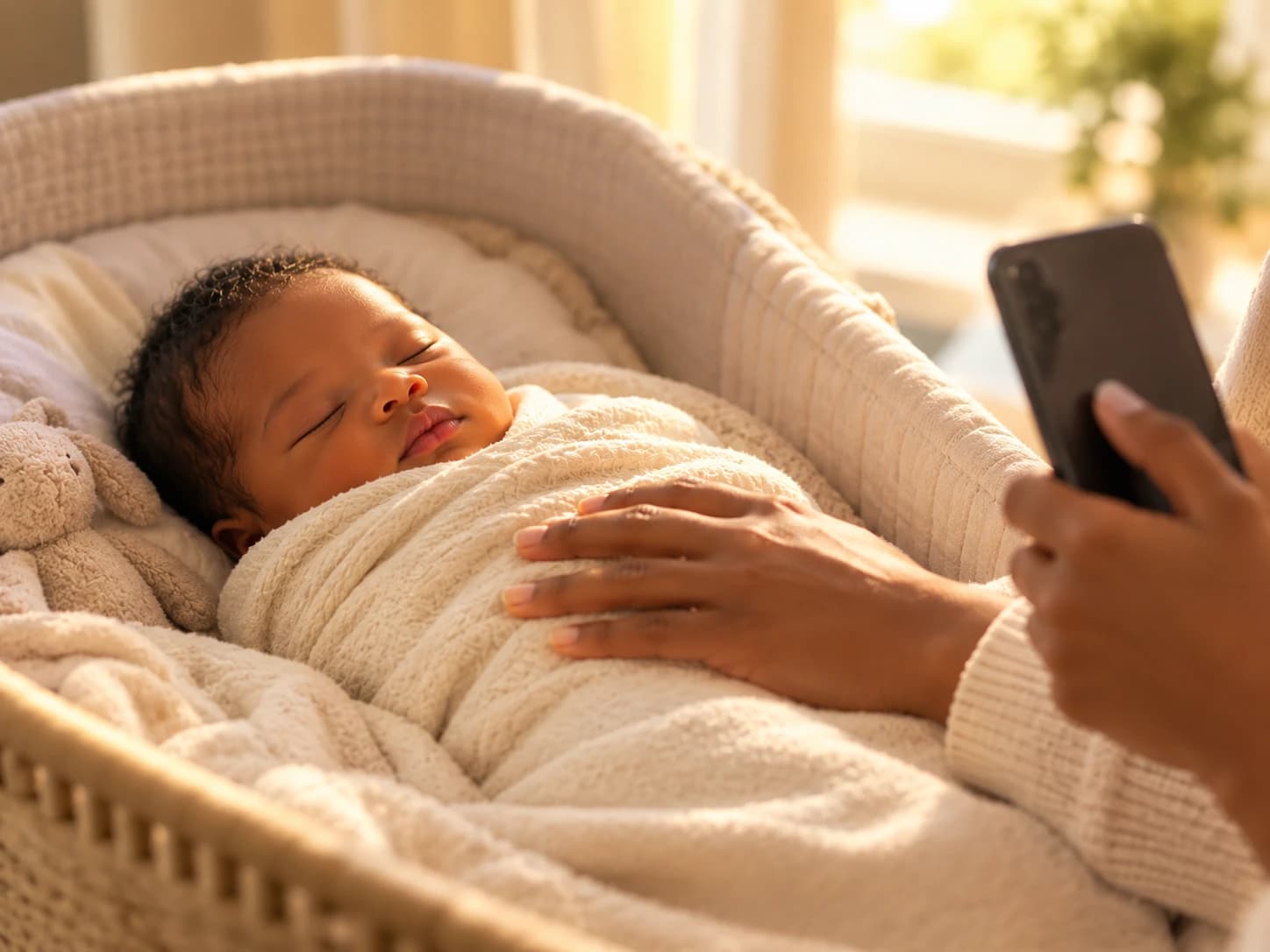 A swaddled newborn asleep in a bassinet in warm light, a parent's hand resting on the blanket and a phone in the other