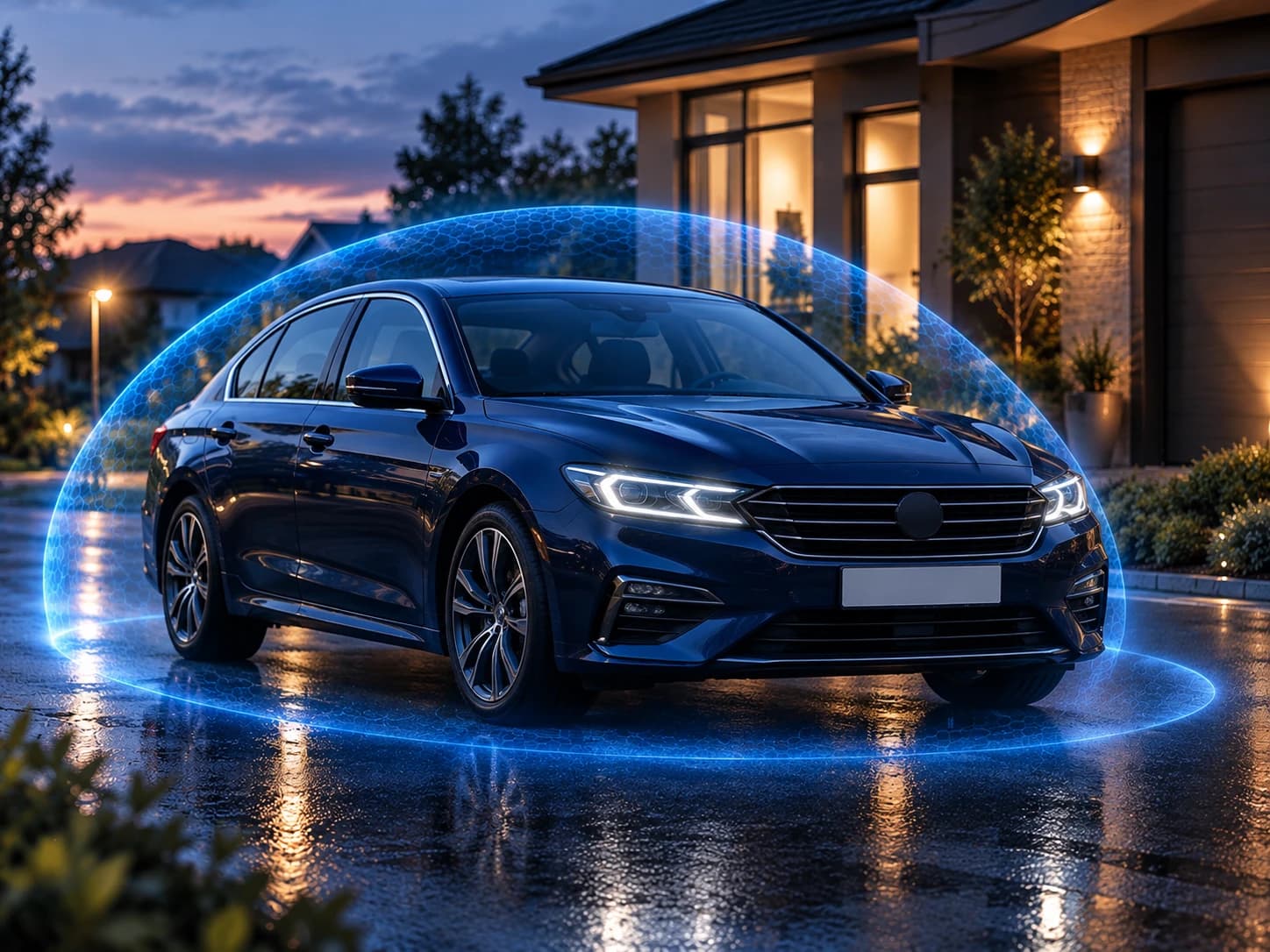A dark saloon car parked on a driveway at dusk inside a glowing blue protective dome