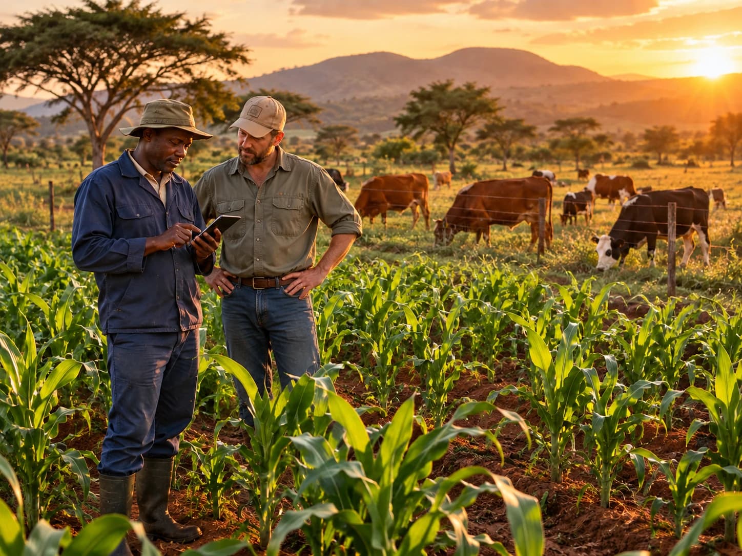 Two farmers looking at a tablet among rows of young maize, with cattle grazing behind them at sunset