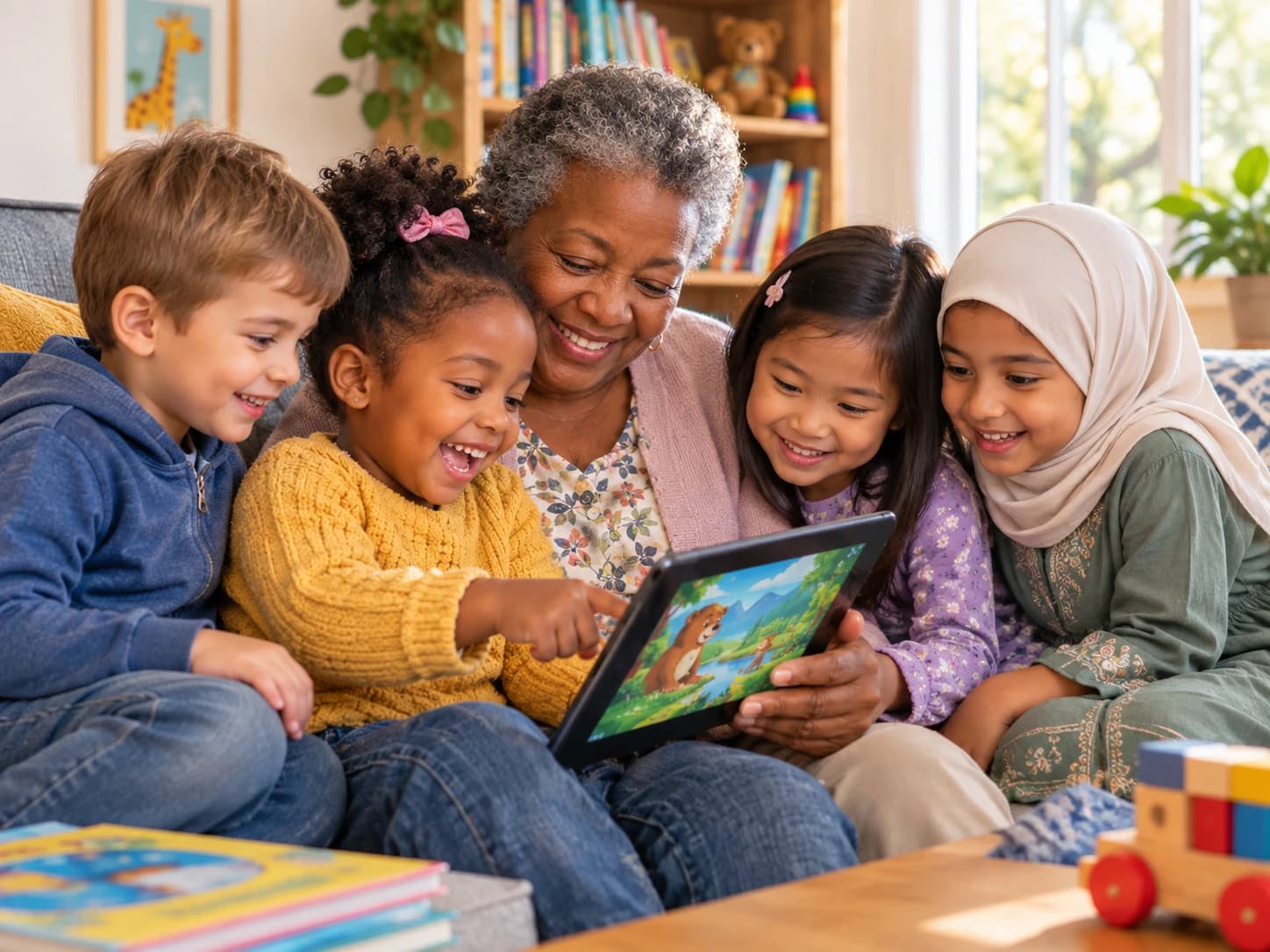 A grandmother and four young children laughing together over an illustrated story on a tablet